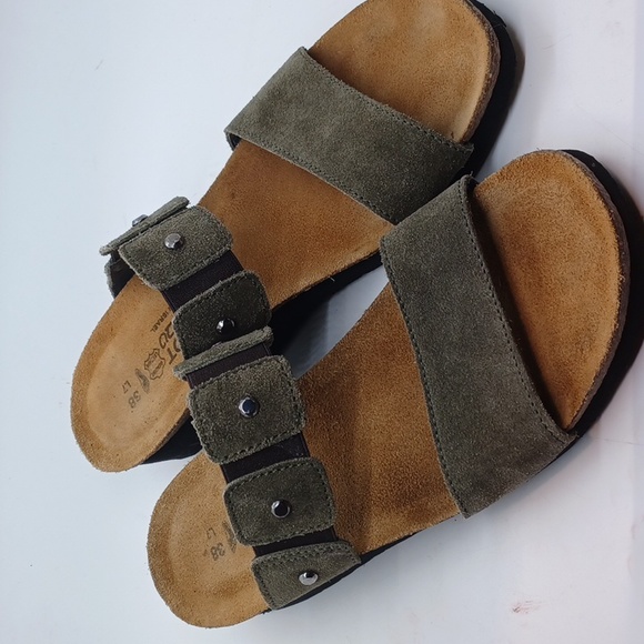NAOT Ashley Like New Metal Stud Sandals Suede Leather 38 / 7 Cork Slide Green - Picture 7 of 14